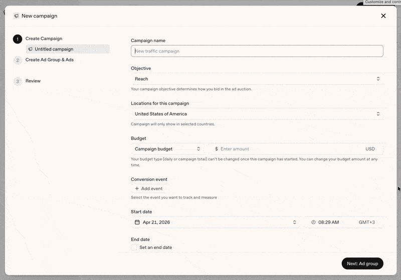 ChatGPT広告の管理画面 - キャンペーン作成やContext Hints設定の操作デモ
